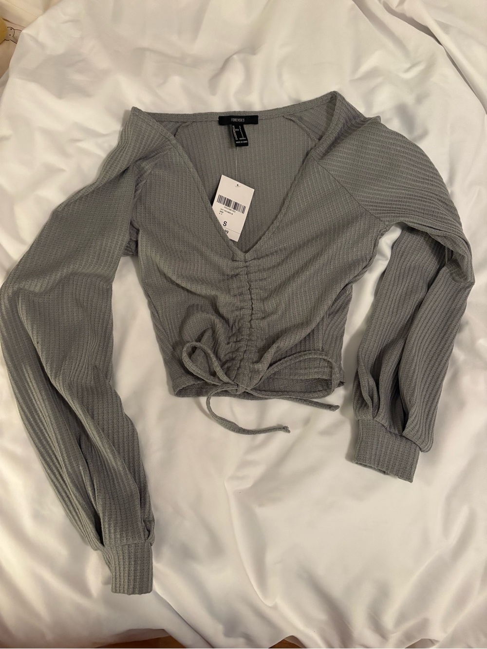 Sage/Gray Ribbed Drawstring V-Neck Long Sleeve Top